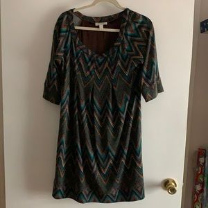 Brown, green, and yellow zigzag knee length dress